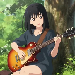 Saul Goodman meets a beautiful smiling anime girl with black hair and hime cut sitting under a tree, playing a gibson les paul guitar, anime key visual, digital art, anime screenshot, kyoto animation, makoto shinkai, trending on artstation