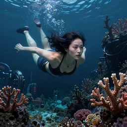 a cyberpunk asian woman swims through a vibrant dark alien coral reef, Industrial Scifi, detailed illustration, character portrait, by Martin Grip and Moebius