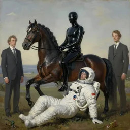 fetish game, a man in a latex horse suit sits astride a man in an astronaut suit, hauntingly surreal, highly detailed painting by francis bacon, edward hopper, adrian ghenie, gerhard richter, and james jean soft light 4 k,