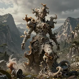 dissolution filter ,turbulence filter, fractal, costume design made by complexity, sophisticated composition, old masters light composition, procedurally generated, drama human character posing for concept art, beautiful mountains behind, substance designer, PBR, HD, Ultra detailed, hyperrealistic, megascans, volumetric light, concept by master artist, made in paint tool SAI2, trending pixiv aesthetic face
