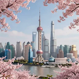 a panoramic view of shanghai full of sakura, chinese painting, illusion, stunning, breathtaking, majestic, asian fantasy, digital render, highly detailed