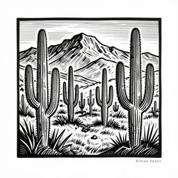 art by brian reedy, a beautiful black ink linocut print of the cactus forest, mountains, 8 k, frostbite 3 engine, cryengine, ground level shot, dof, trending on artstation, digital art, crepuscular ray