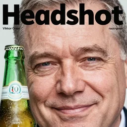 headshot magazine cover photo of viktor orban winking with beer, close - up on face, detailed eyes, furrowed eyebrows, studio lighting