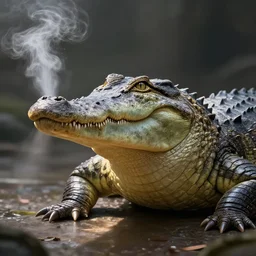 a masterpiece of a crocodile with steam coming from it's nostrils, cinematic, fantasy, hyper detailed, digital painting, 4 k realistic, trending on artstation, sharp focus, john banovich, light source on left