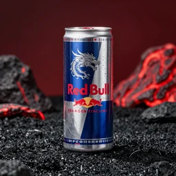 one giant aluminium can of a dragon-flavored energy drink, in the style of Red Bull, professional studio photography, black sand and red lava background, packshot