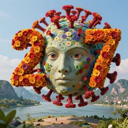2 0 7 7 virus flower made from, long shot on riverside and mountains by hr giger, rutkowski, james jean and erik jones and rhads, beutiful details, ultradetailed, prefect face, photorealistic details, feroflex, 3 d octane render, colossal scale, trending artstation