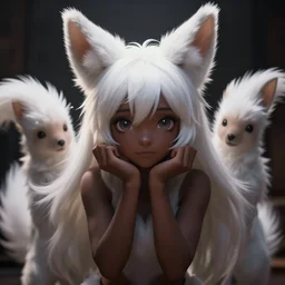 cute furry girl with four arms, big fluffy ears, white fur and dark skin, dramatic lighting, cinematic, artstation, anime style