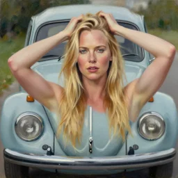 beautiful t charlize theron with long blonde hair locks holds over its head on its two hands old volkswagen beetle, oil on canvas, naturalism