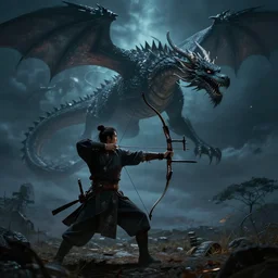 korean archer fighting a dragon under the night sky. the archer is in the ground. the dragon in the sky. dark fantasy. high resolution. dungeons and dragons. fantasy. detailed. digital art. dark fantasy.