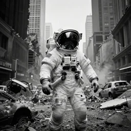 grayscale!!! american white spacesuit astronaut with oversized helmet in postapocalyptic abandoned destroyed times square, destroyed buildings, destroyed flippde cars, giant crater in distance, heavy vignette!, specks, dirty, stains, dramatic dark, grayscale 1 9 0 0 s picture
