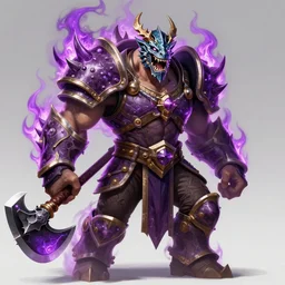 enraged orc king in spiky armor with a purple fiery aura!!!!!!, wearing a dragon mask, holding a poisonous axe, trending on artstation, sharp focus, highly detailed, digital fantasy art, by simon bisley