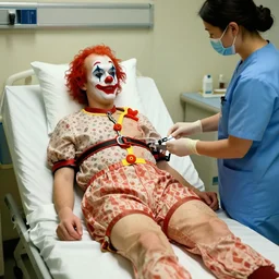 clown in four point restraints in hospital bed, nurse preparing medications