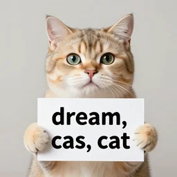 realistic high quality photo of a cute cat holding a sign with text that reads : dream, cas, cat