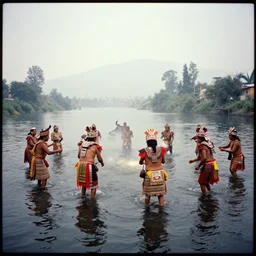 a misteriuos colored old film photography of people doing an aztec ritual, xochimilco river, hazy, humid, photorealistic,