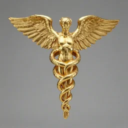 a golden sculpture of the medical caduceus by h. r. giger