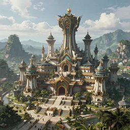 Giant sprawling fantasy pre-colonial futuristic Filipino palace in the mountains from a distance, rendered in unreal engine 5