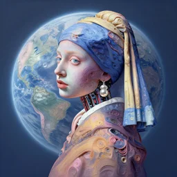 intricate highly detailed a cyborg with pearl earrings on lonely planet, full body portrait, high resolution uhd hyper realistic hyperdetailed 8 k pastel paint pour by peter mohrbacher