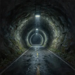 a beautiful landscape painting, a single lane tunnel with overhead lights, water running down the walls, haunted, spooky, scary, by sam guay, moody lighting, hyperrealism, 4 k, octane render