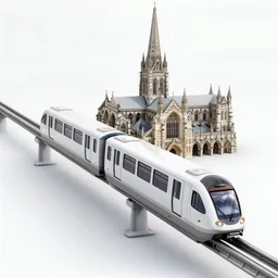 3 d render of a monorail train system that runs through salisbury cathedral, 3 d model, octane render, unreal engine, volumetric lighting, architectural concept, transport system