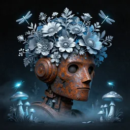 rusty giant robot head with a lot of garden flowers, beautiful whimsical botanical illustration, silver and blue flowers, dragonfly, firefly, mushrooms, enchanted botany, dark grainy background, by android jones and moebius, mystic neon fog, digital matte painting, papercut art style