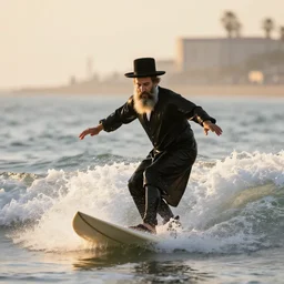 photo realistic, high detail, rabbi surfing at venice beach at sunrise, 8 5 m sigma art lens