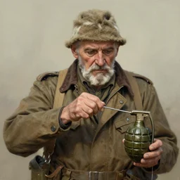 old man portrait, he pulling pin is pulling pin of hand grenade,, greg rutkowski art