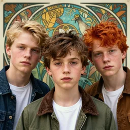 close up portrait of mischievous male teen triplets, blond boy, brunette boy and redhead boy, urban clothing by artgerm, cushart krenz, greg rutkowski, mucha. art nouveau. gloomhaven, tropical atmosphere, natural tones, vibrant colors, sharp edges. ultra clear detailed. 8 k. elegant, intricate, octane render