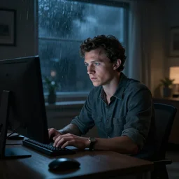 tom holland behind a computer in his apartment room during a stormy night, photorealistic, cinematic lighting, highly detailed,