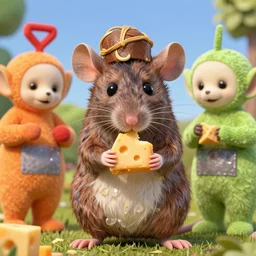 photo, emma watson as furry rat, teletubbies around, eats cheese, highly detailed, intricate details