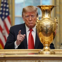 candid color photo of Donald Trump hiding from the fbi behind a gold vase, accurate faces, 4k photo