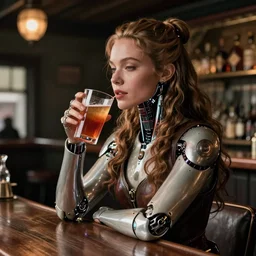 cinematography of a beautiful cyborg woman in a vintage western bar alone asking for a drink by Neil Blomkamp