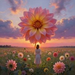 giant dahlia flower as head, full body girl standing in a flower field, surreal photography, sunrise, dramatic light, impressionist painting, colorful clouds, digital painting, artstation, simon stalenhag