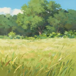 a painting of a field with trees in the background, a matte painting by makoto shinkai, featured on pixiv, plein air, speedpainting, painterly, matte drawing