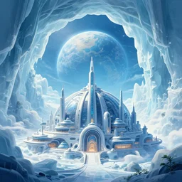 A beautiful illustration of a domed utopian retro futuristic city built in a massive ice cavern looking out to another world by Robert McCall | sparth:.3 | Time white:.3 | Rodney Matthews:.3 | Graphic Novel, Visual Novel, Colored Pencil, Comic Book:.2 | unreal engine:.6 | first person perspective:.6 |establishing shot:.7