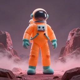 a tall giant slender inflatable astronaut figure with an orange and teal suit, stood in a pink misty rocky landscape
