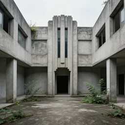 an abandoned room in a concrete building, modern design, art deco, few overgrown plants, dreamy, overcast, by hans bellmer