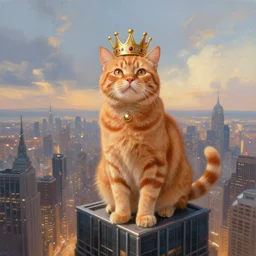 a fantasy painting of an orange tabby cat as a king, standing on a skyscraper overlooking a vast city, 1 7 0 0's, cinematic, beautiful lighting, dramatic