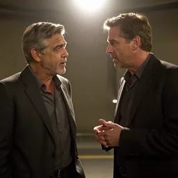 still frame from director Denis Villeneuve\'s new movie, medium shot of two men, Clive Owen on the right arguing with george clooney on the left, sci-fi, alexa 65, cooke prime 50mm, cinematic, film grain, flare