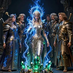 the female arcanist and the male artificer by zacharias aagaard and albert bierstadt and gerald brom and zdzisław beksinski and wayne barlowe and marc simonetti and jean delville, beautiful, robes, highly detailed, hyperrealistic, intricate, energy, electricity, blue flame, low light, green crystal, high contrast