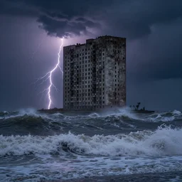 danila tkachenko, low key lighting, an abandoned high soviet apartment building in the middle of the stormy ocean, storm, lighning storm, crashing waves, dramatic lighting
