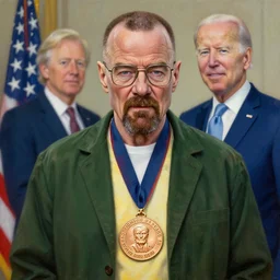 Walter White is awarded the Presidential Medal of Freedom from Joe Biden in Breaking Bad, photorealistic painting, cinematic, hyper realism, high detail