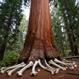 Giant red sequoia with bones spread throughout