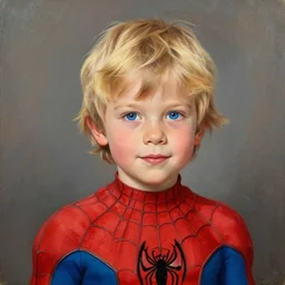 a cute seven year old boy with tousled blonde hair and blue eyes dressed as spider - man, beautiful painting by magali villanueve and raymond swanland
