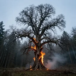 A realistic looking album cover of a black metal band depicting a very large dead oak tree that is on fire, standing far in front of a dark forest, the weather is clear but there is some fog