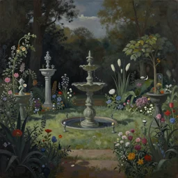 a gorgeous, fantastic, magic garden landscape by michael kidd, surrealism, lancelot capability brown, trending on artstation, artgerm, acrylic on canvas, muted colors, darker,!! low contrast!!