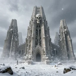 matte painting of uninhabited mos eisley in deep snow with towering skeletal temple architecture designed by hr giger, empty, no people, snowstorm, global illumination, cinematic, volumetric lighting, tom bagshaw, alphonse mucha, light leaks 4 k premiere pro