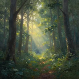 a painting of a forest clearing in the morning with sun shining through the trees, mystical, magical
