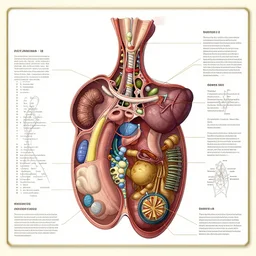 a poster showing the structure of a organ with different compartments and components, kobold, d & d, marginalia