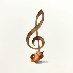 a minimal watercolor painting of an acorn that turns out to be the base of a beautiful tree in the shape of a treble clef with some light and dark effects, playful and carefree