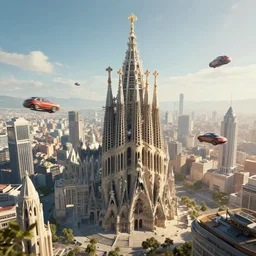 A futuristic cityscape with flying cars, dominated by the massive tower of a cathedral.